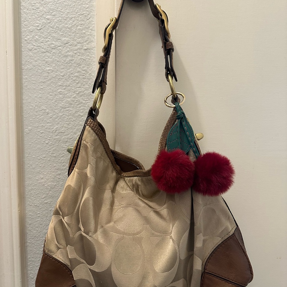 Coach Tan and Brown Shoulder Bag with Red Accents